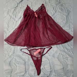 VICTORIA SECRETS Elegant Burgundy Lace Babydoll Set NWT